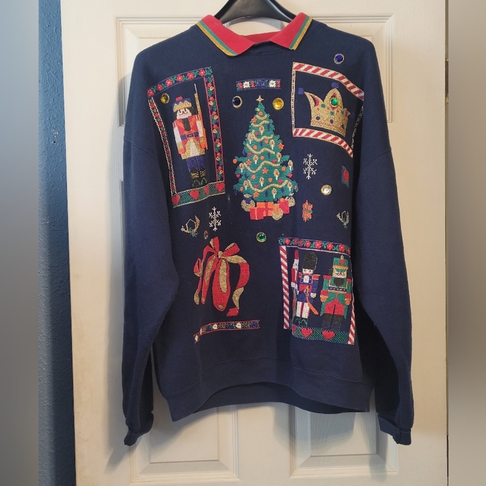 Navy Blue Christmas Sweater with Red Accents